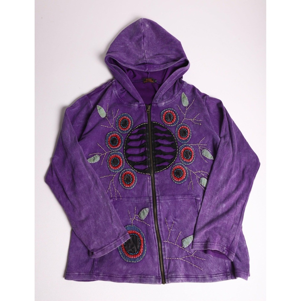 Rising International Purple Acid Wash Boho Patchwork Zip Up Hoodie XL Womens